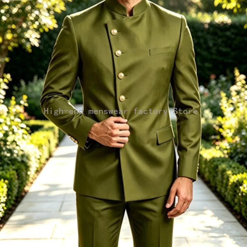 Latest Design 2 Piece Set Chinese Tunic Men Suit Slim Fit Mandarin Collar Suit Single Breasted Formal Suits for Men Wedding Wear