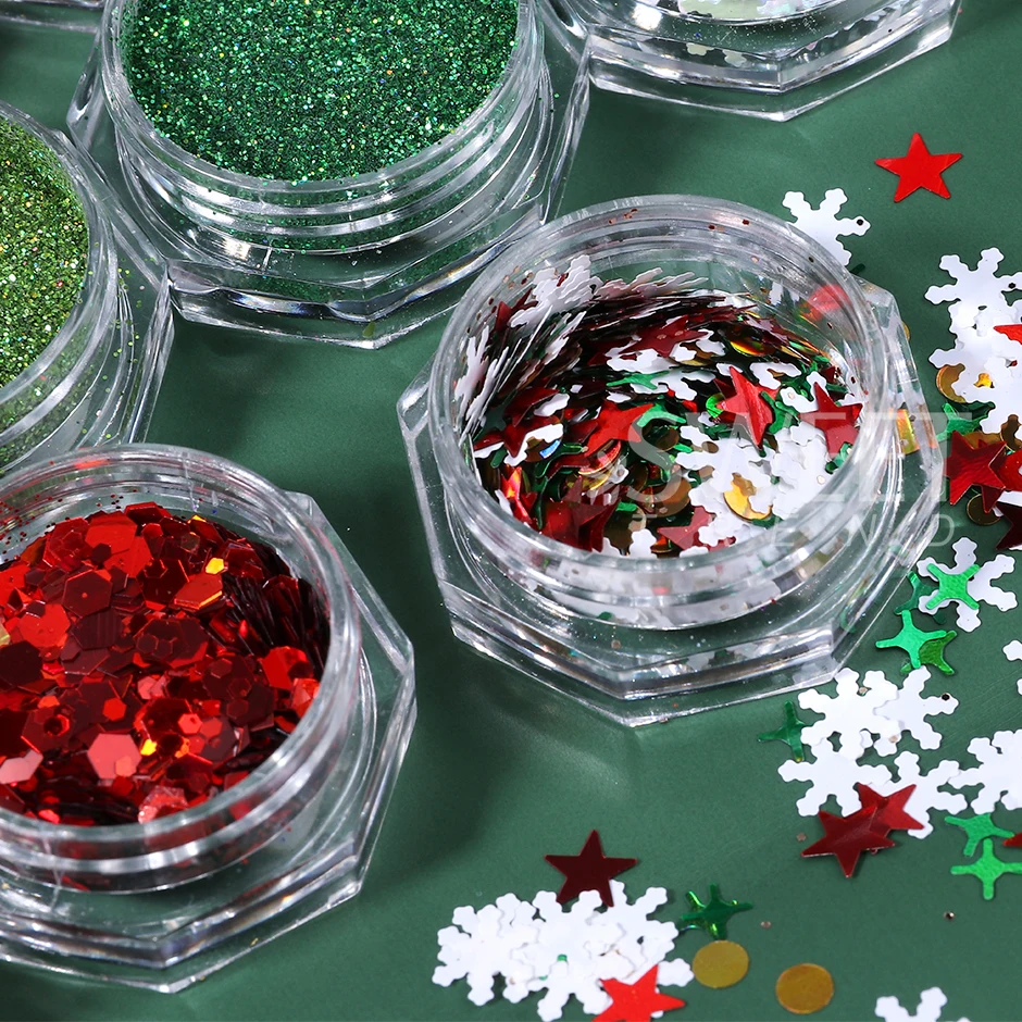 12 Uds. De lentejuelas navideñas para uñas, copos de nieve brillantes mezclados, polvo láser DIY Flash, herramientas de decoración de manicura de Año Nuevo para invierno
