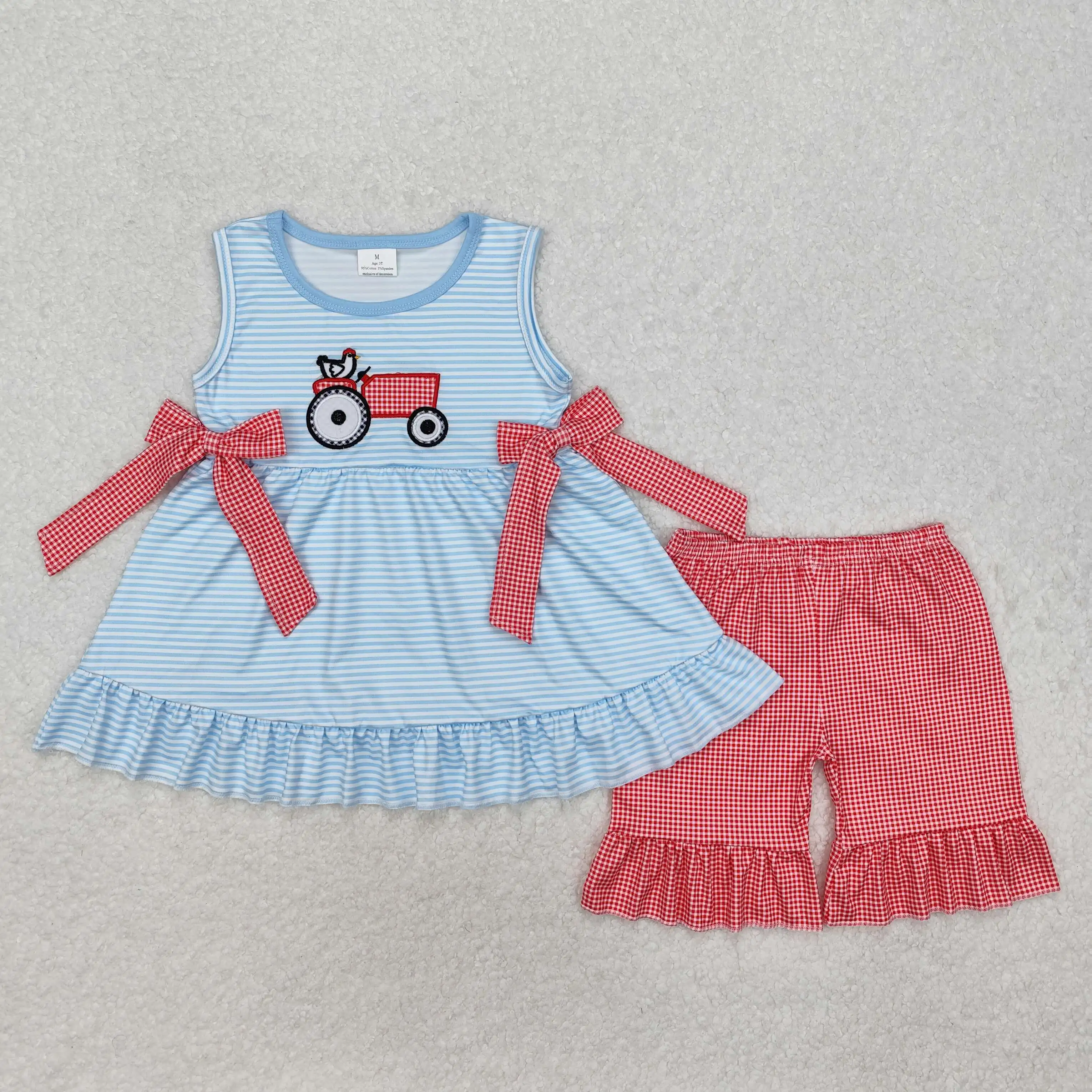 

New rts baby toddler girls summer suits wholesale boutique embroidered chick tractor red plaid bow blue striped sleeveless set