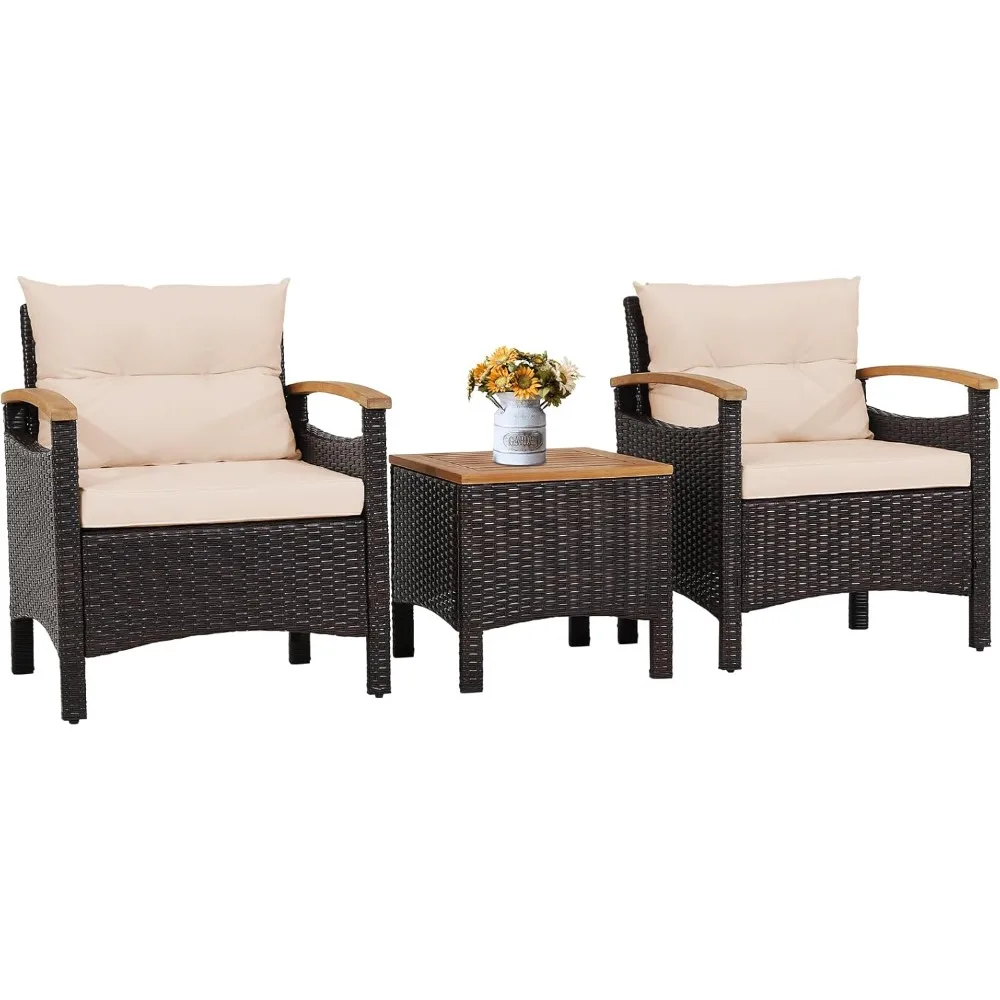 

3 Pieces Patio Rattan Conversation Set, Outdoor PE Wicker Furniture Set with Coffee Table, Soft Seat Cushions & Throw
