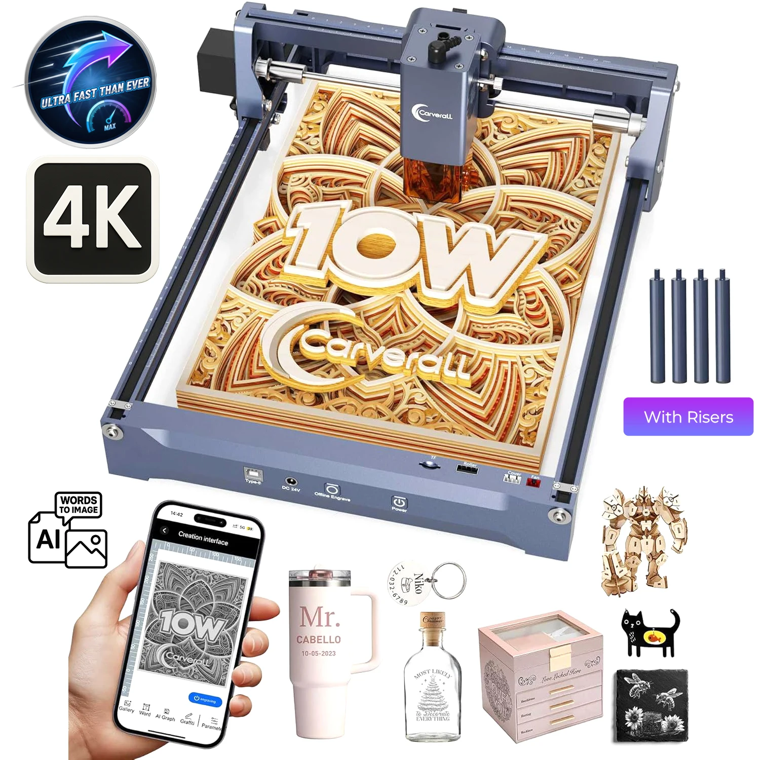 Carverall K15Pro Incisore Laser 5W 10W Macchina per incisione laser a diodi portatile per principianti Strumento fai da te per legno pelle acrilico