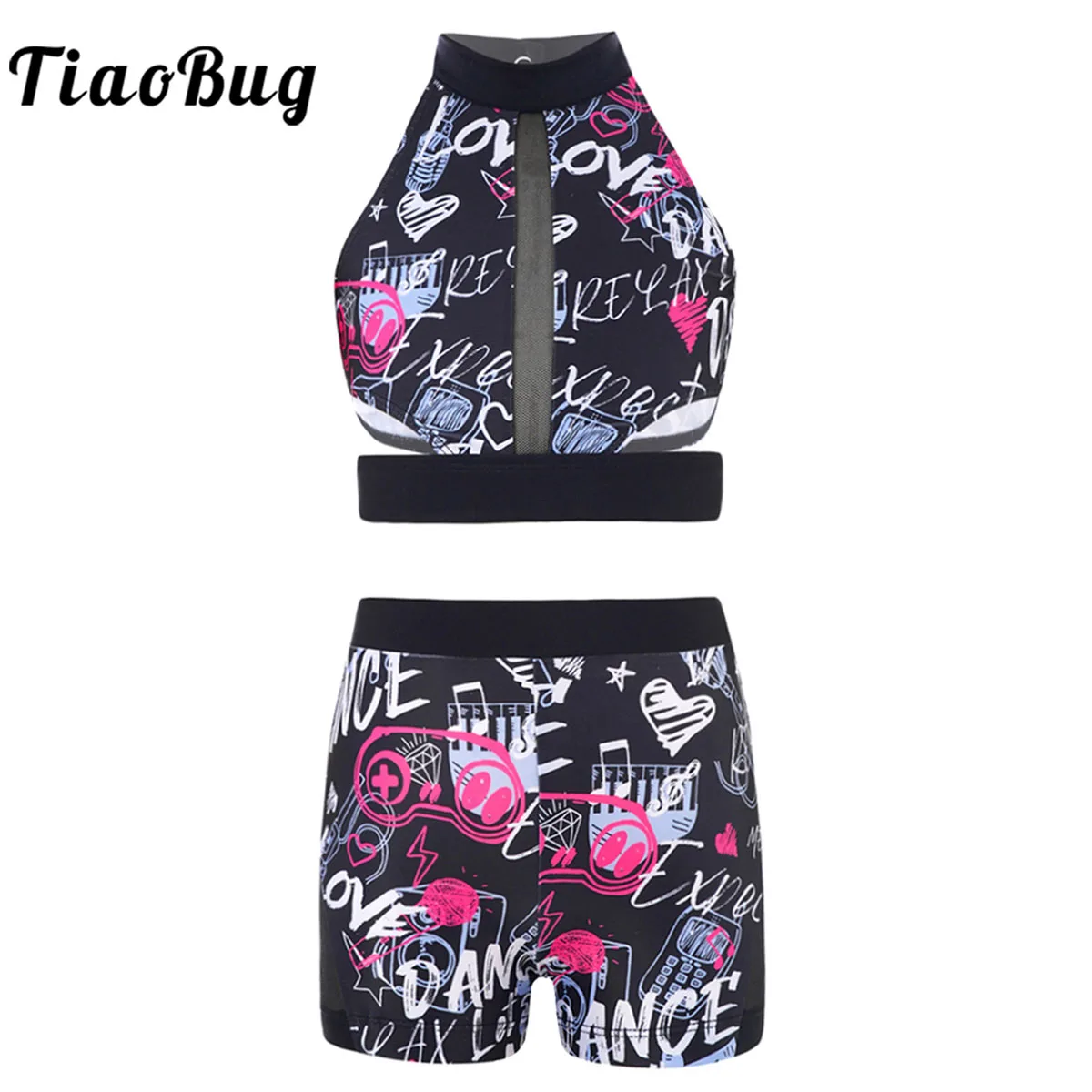 

Sleeveless Gymnastics Workout Outfits Kids Girls Graffiti Print Open Back Crop Tops With Shorts Ballet Dancewear Gym Sports Set