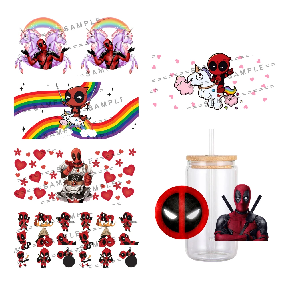 Disney Marvel Deadpool 3D tahan air UV DTF bungkus cangkir untuk 16Oz Libbey kaca dapat DIY stiker Transfer