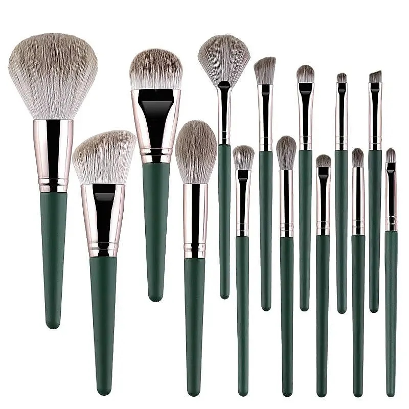 professional 14 makeup brush set, high-end private brand green wood handle synthetic brush set with tube sleeve