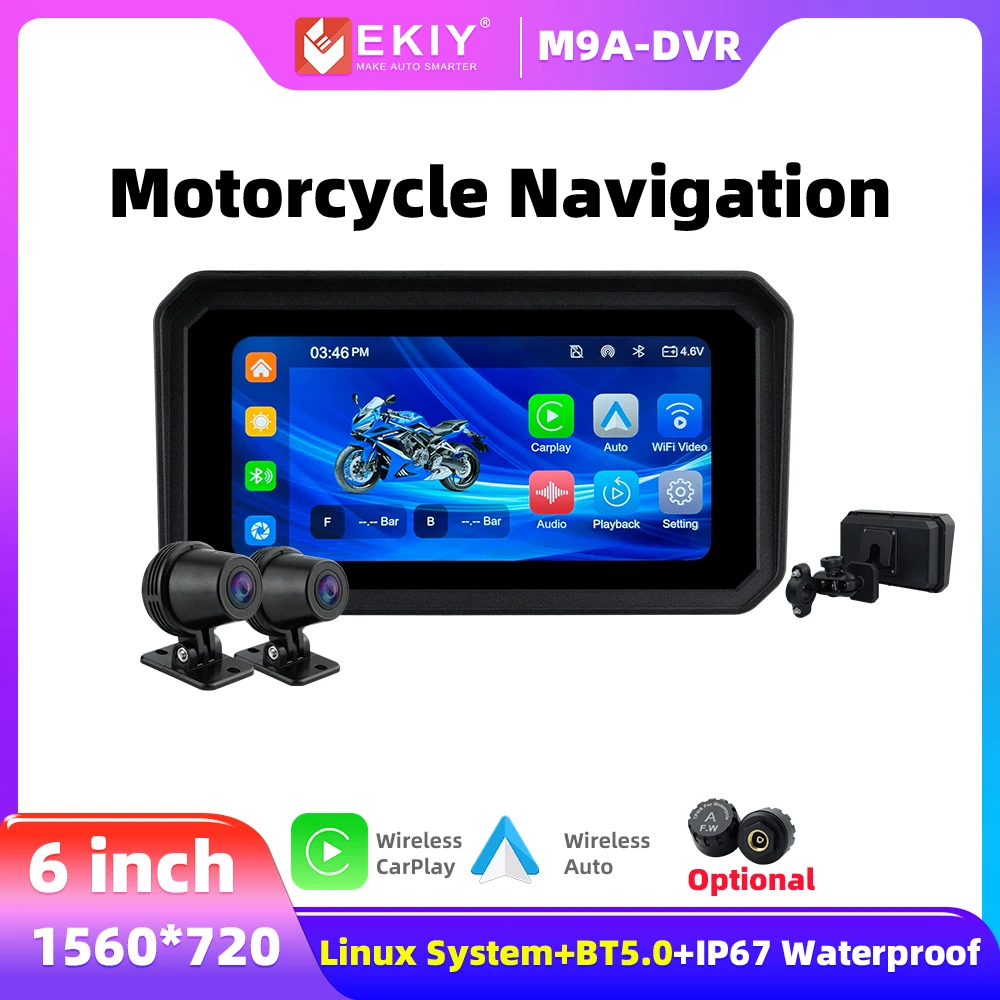 EKIY 6 in  Wireless Android Auto Carplay Motorcycle Display Screen  Waterproof IPX67 Monitor TPMS  DVR Motorbike GPS Navigation