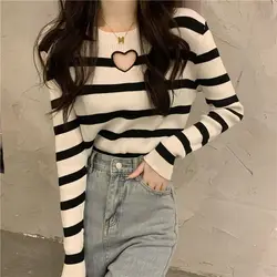 Women Clothing Fashion All-match LOVE Hollow Out T-shirt Autumn Winter Elegant Chic Striped Long Sleeve Pullover O-neck Knit Top