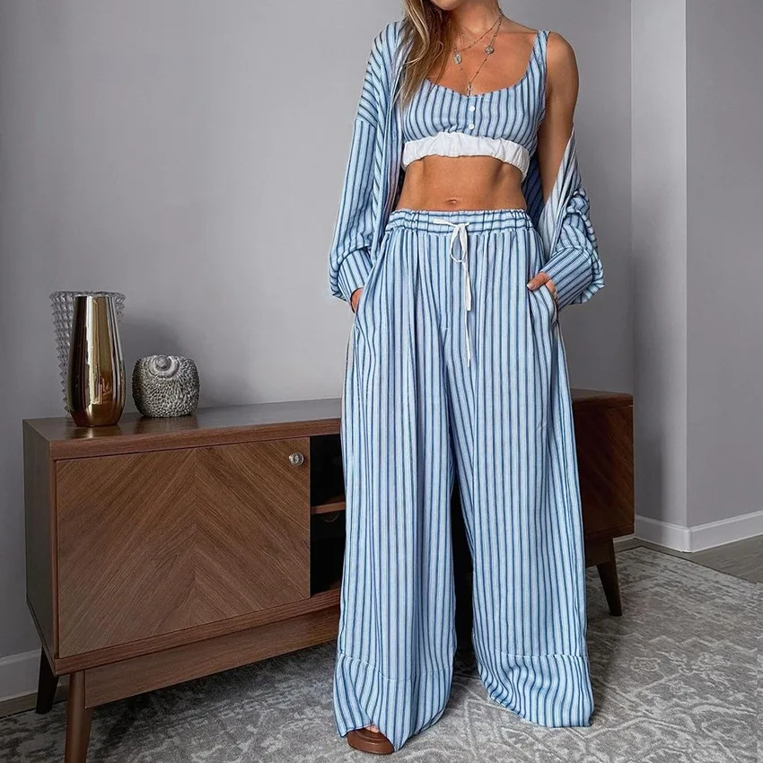 2024 Blue Striped Printed Women's Loungewear Vest Cardigan Long Sleeve Long Pants Pajamas 3-Piece Set Sleepwewar for Sleeping