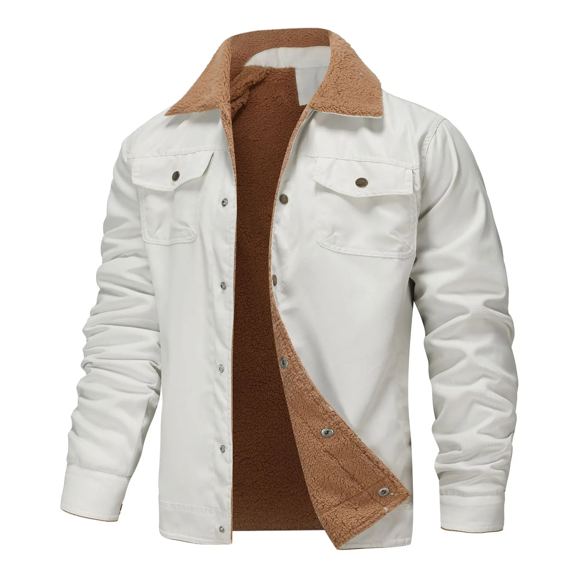Men's Multi Pocket Lapel and Plush Warm Jacket, Cotton Workwear Jacket, Casual Versatile and Comfortable Men's Jacket Jacket