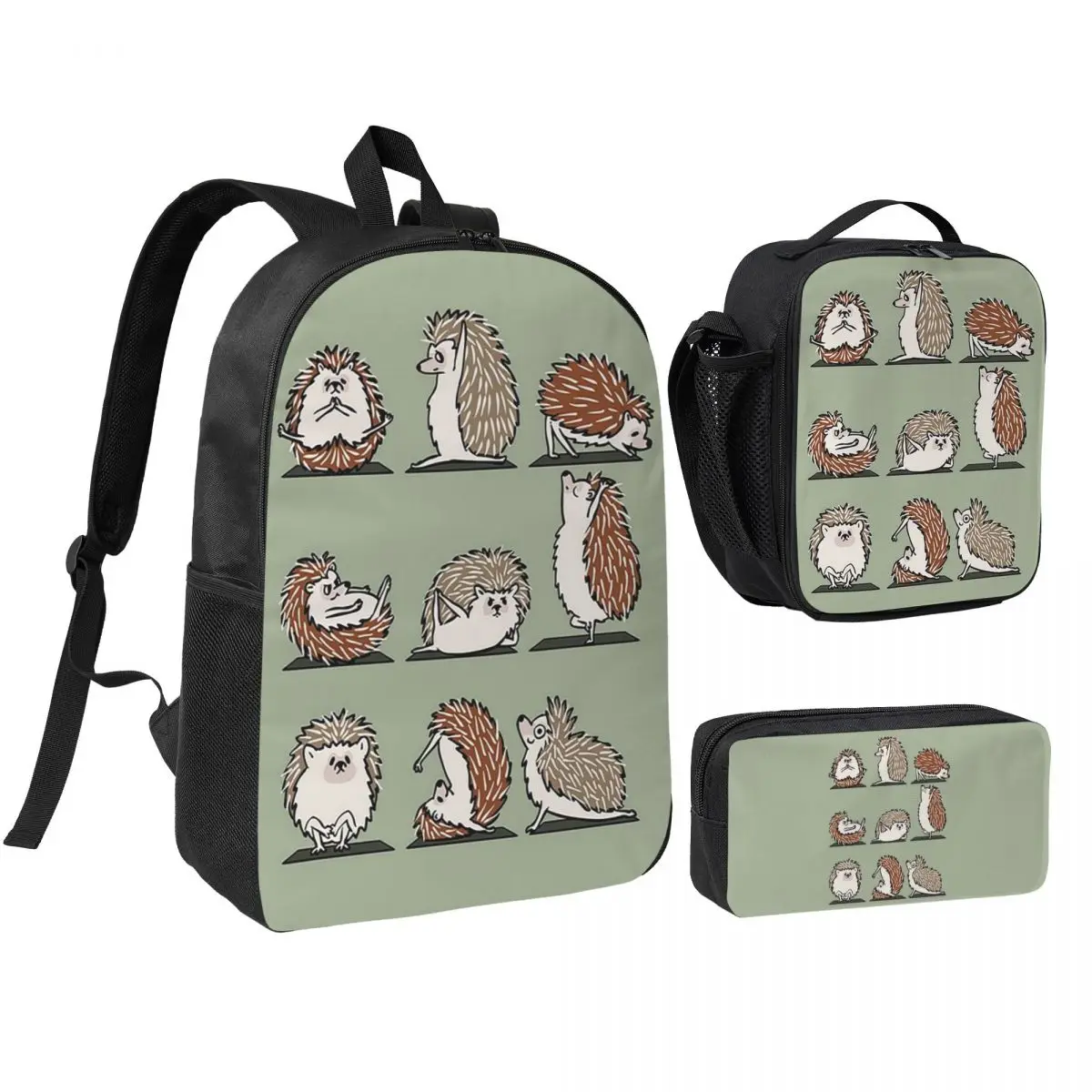 

Hedgehog Yoga Backpack Boys Girls BookBag School Bag Shoulder Bags 3ps Insulated Lunch Bag Pencil Case