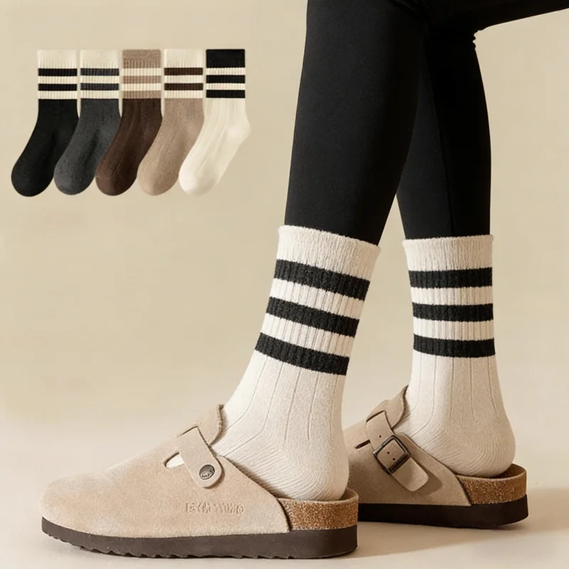 

1/3/5 пар женских носков из смесовой пряжи коричневого цвета, полосатые, средней длины, свободного кроя, вязаные, всесезонные, термоноски, размеры EU 35-42, US 5-10