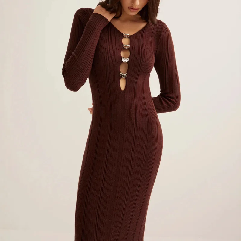 V-Neck Slim Fit Long Sleeve Bodycon Knitted Dress 2025 Women's French Style Solid Color Hollow Out Design Comfortable Long Skirt