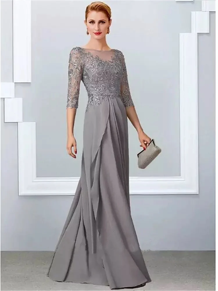 Vestidos de encaje de gasa gris para madre de novia, cuello redondo, Media manga, volantes, boda, banquete, mamá, vestido de noche, elegante, nuevo