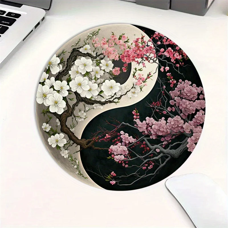 لوحة ماوس مستديرة من ساكورا اليابانية، حصيرة مكتب تاي تشي صغيرة غير قابلة للانزلاق من المطاط للمكتب والمنزل لمكتب الكمبيوتر المحمول