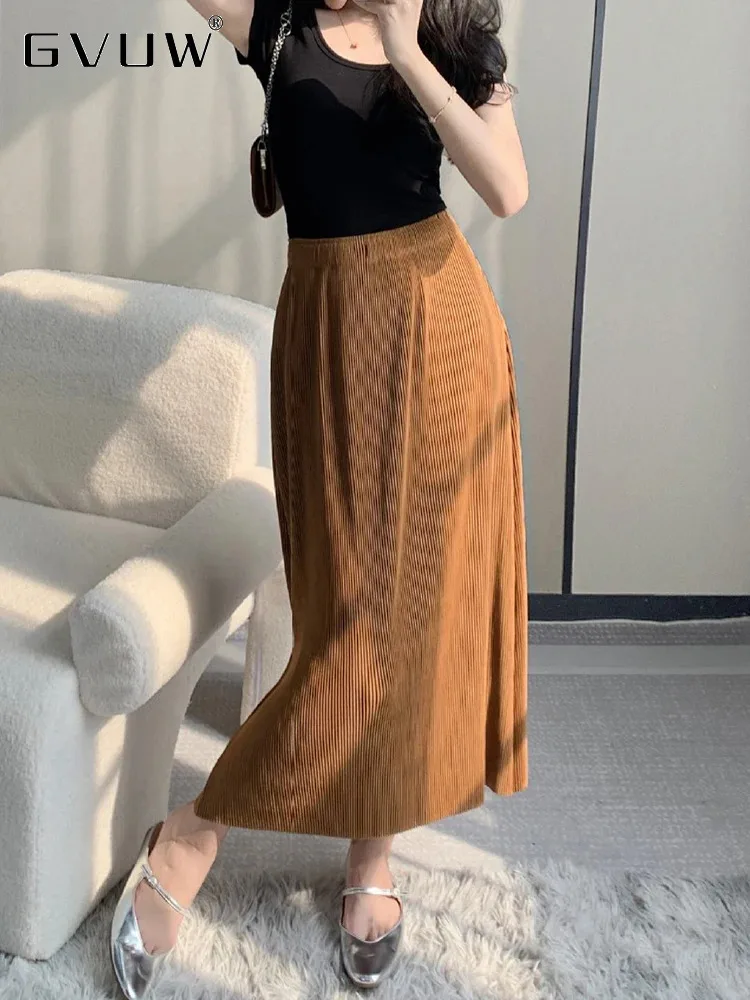 

GVUW Pleated A Line Skirt Women Elastic Waist Solid Color Versatile New 2024 Temperament Female Loose Fashion Skirts 17G8372