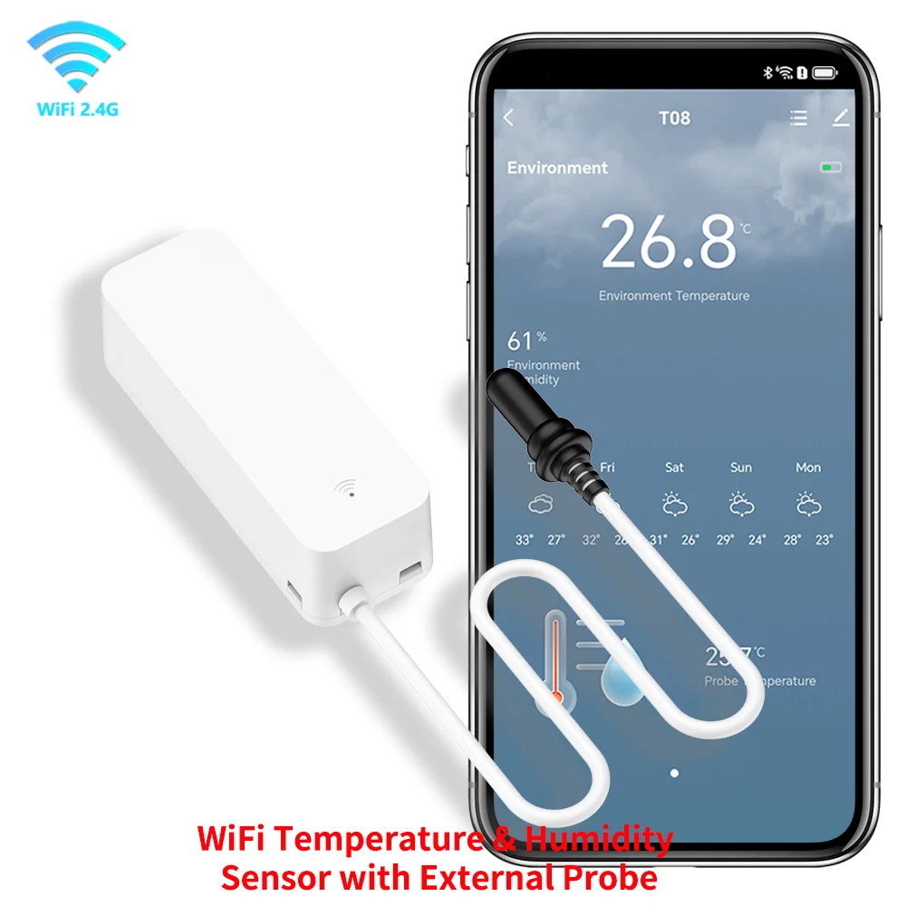 Zitech – capteur de température et d'humidité WiFi, avec sonde externe, pour maison intelligente, hygromètre, surveillance par application pour plantes, Aquarium, vignoble