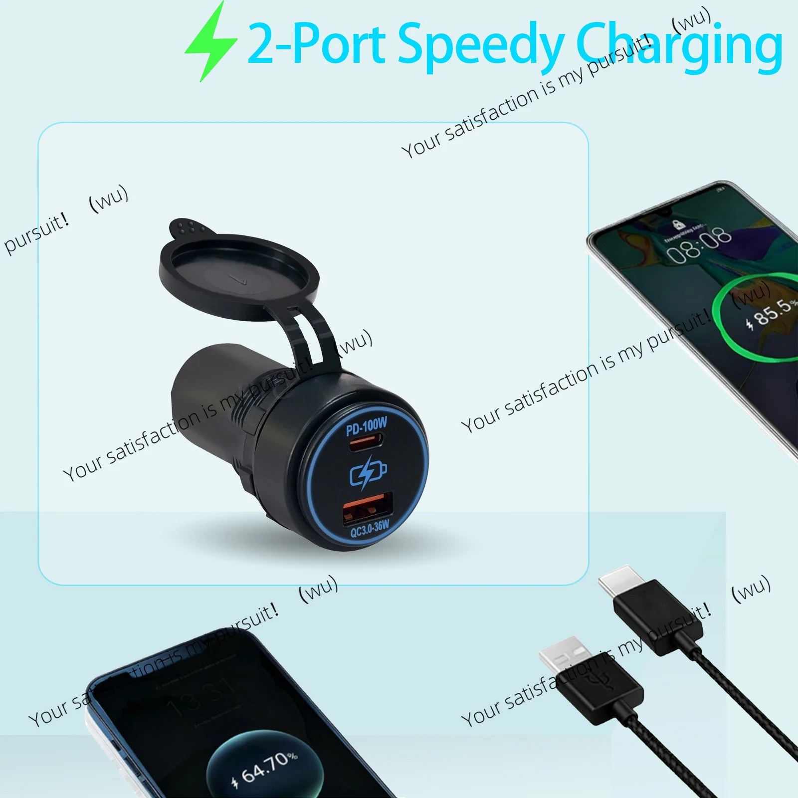 12/24V dual USB fast charger PD 100W Type C & Type A waterproof car button switch adapter, suitable for boats, RVs, etc