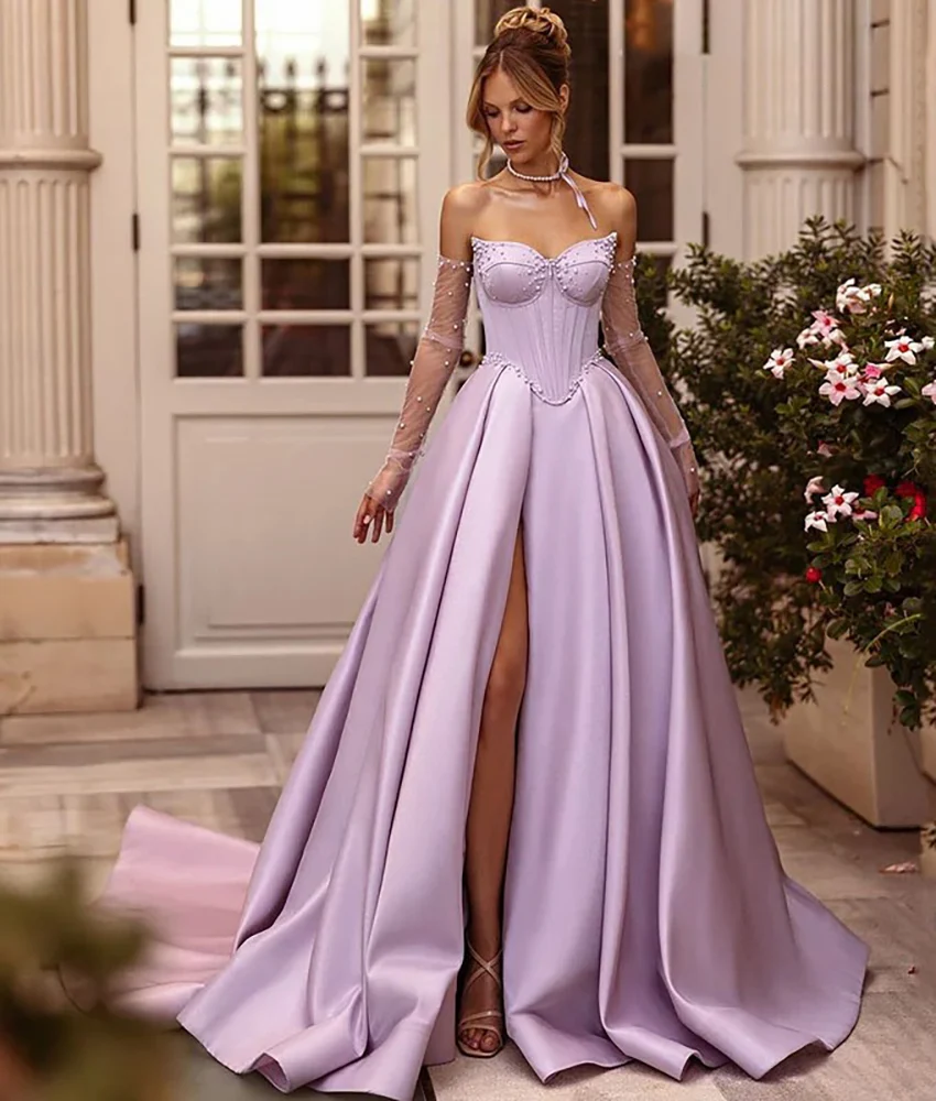 

Customized Graceful Satin Beading Detachable Sleeve A-Line Evening Dress High Quality Sweetheart Floor Length Prom Gowns
