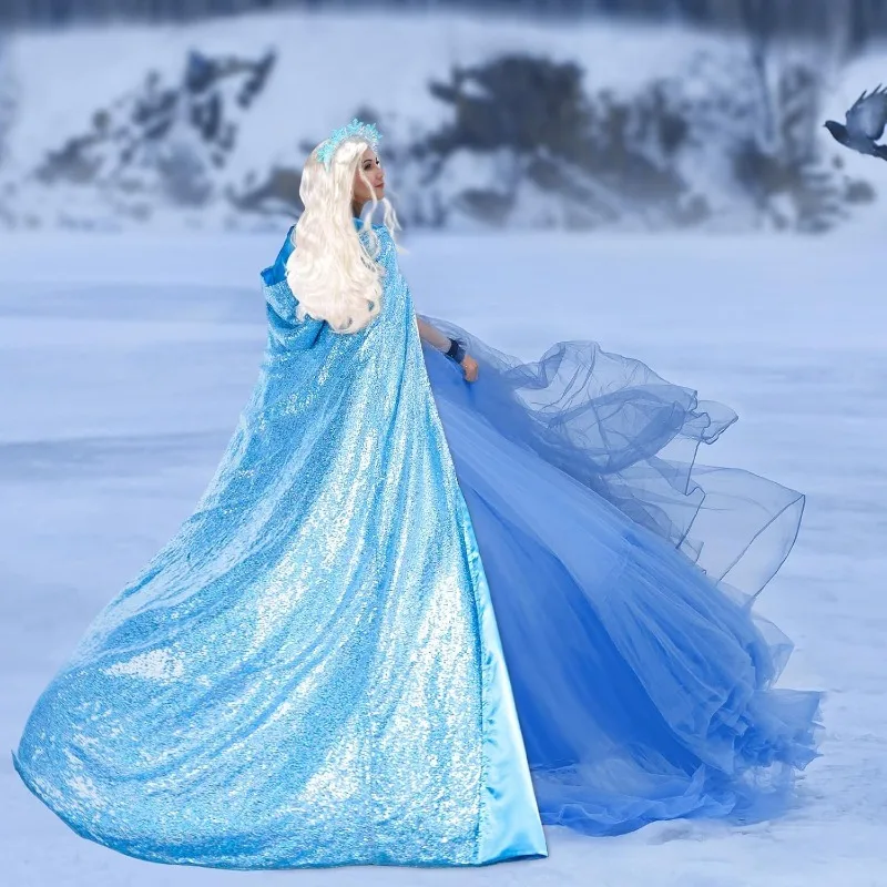 

Синий пайеточный костюм с капюшоном и накидкой для фотосессий, сценических выступлений, в стиле Белоснежки и семи гномов