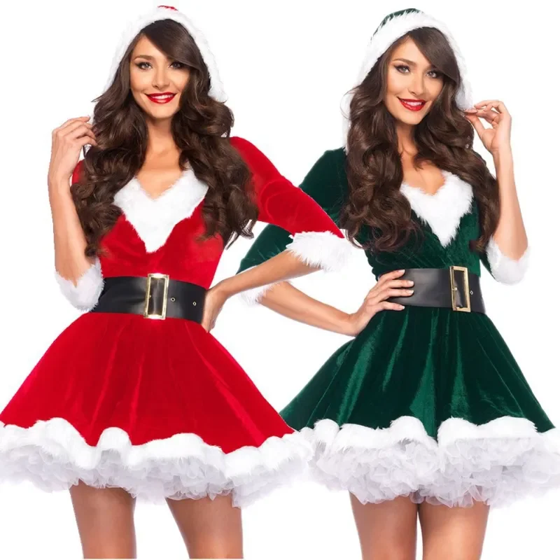 

Fashion Women Half Sleeve Solid Popular Ladies Santa Claus Cosplay Xmas Theme Costume Waistbelt Fancy Christmas Hooded Dress