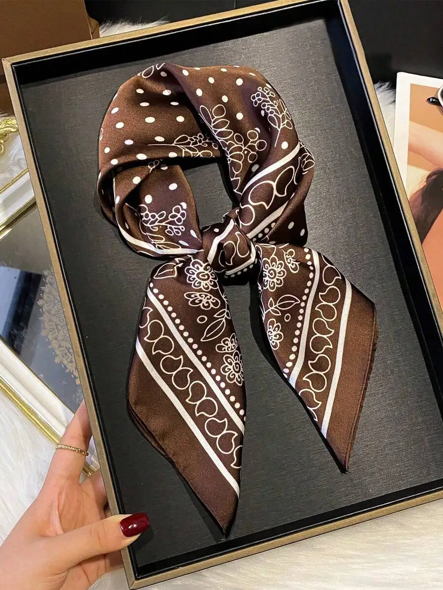 

Brown Polka Dot Floral Pattern Silk-Like Polyester Square Scarf For Women Styling