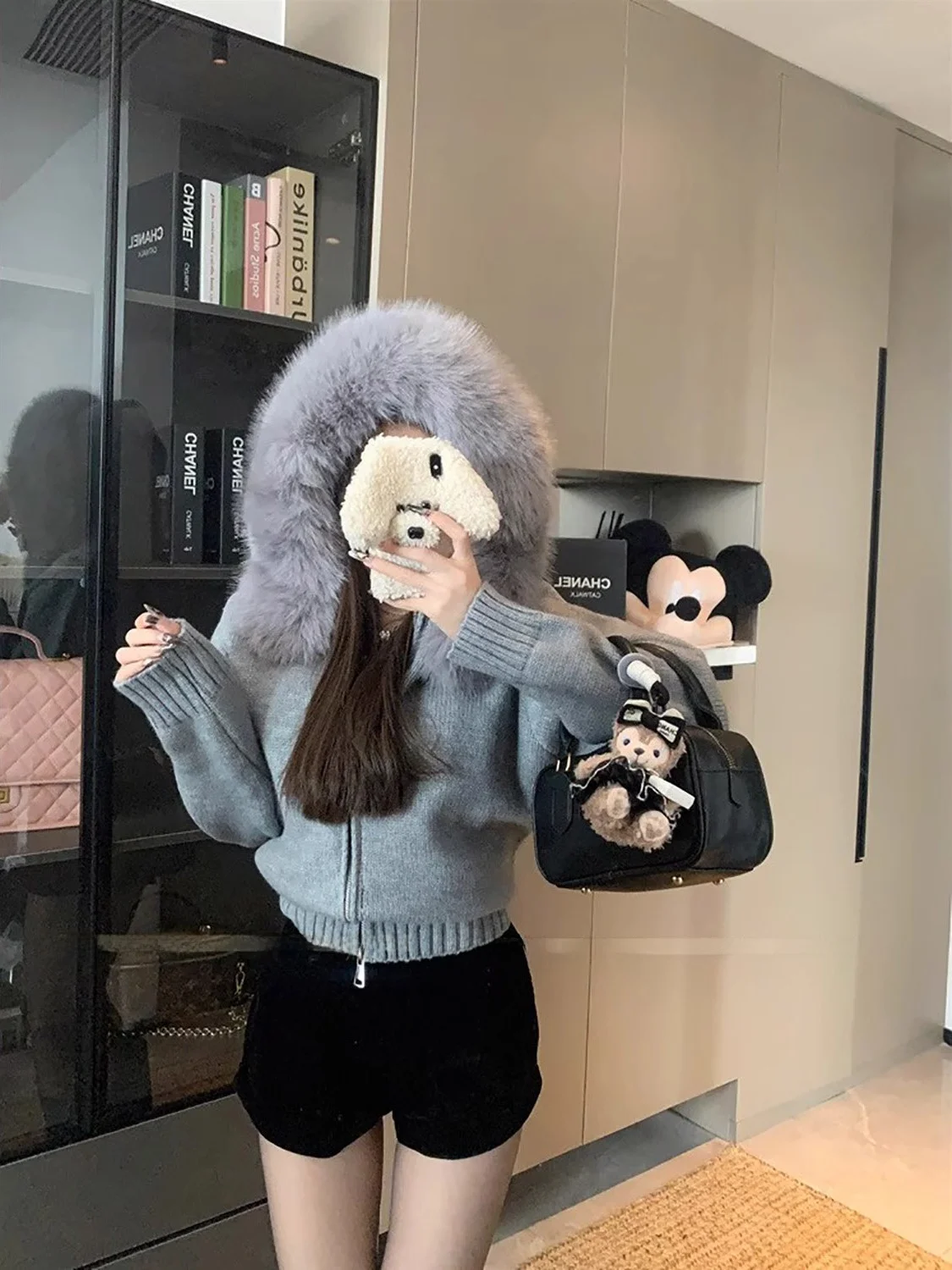 معطف محبوك بأكمام طويلة بأسلوب حلو للنساء، فضفاض ونحيف مع ياقة فرو، تصميم جديد للخريف، متعدد الاستخدامات، أسلوب كوري عصري للا...