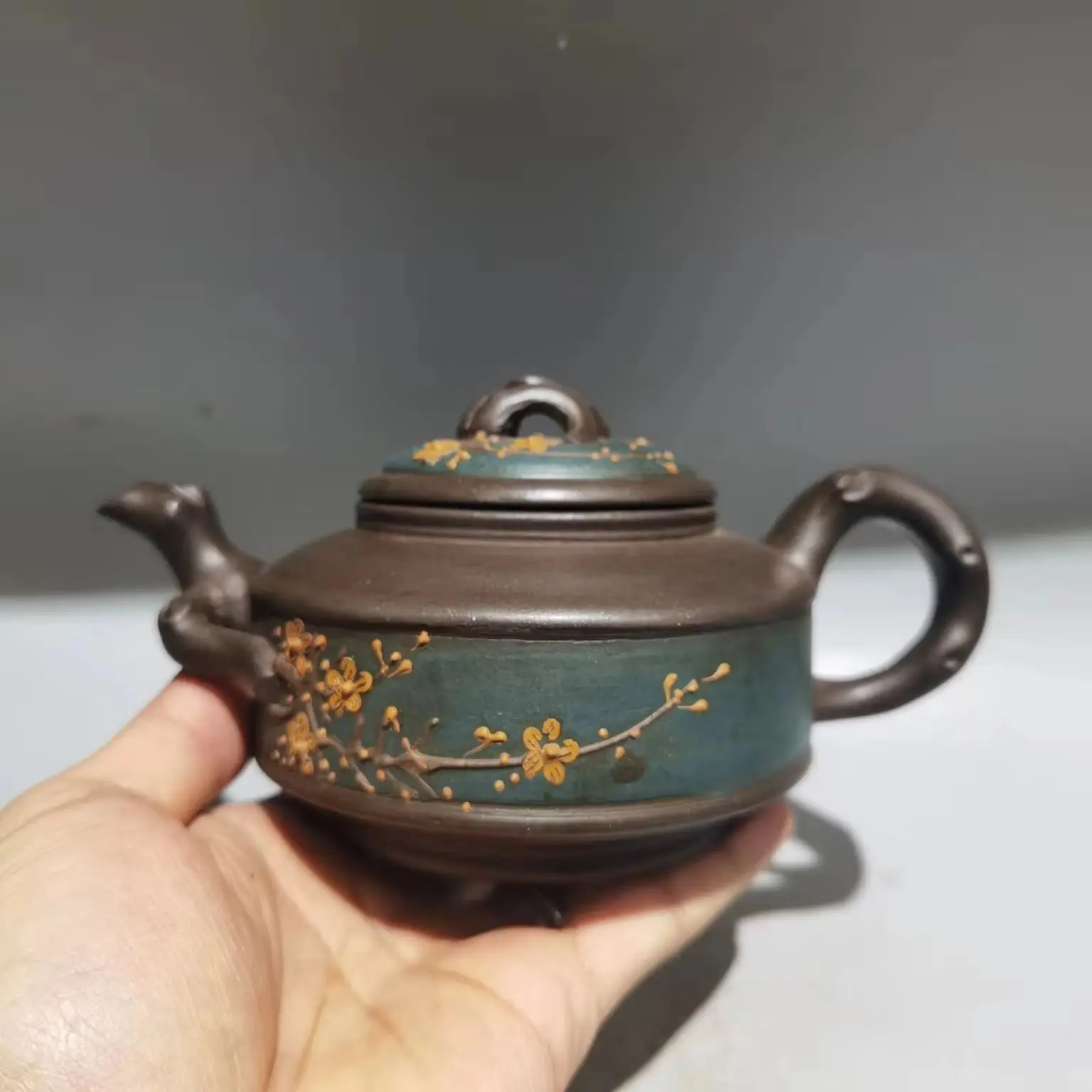 

7"Chinese Yixing Purple Clay Teapot Kettle Blue plum blossom pattern Teapot Gather fortune Ornaments