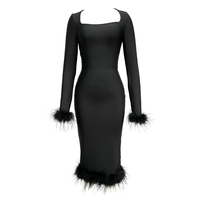 Factory Wholesale Women\'s Long Sleeve Feather Fashion Sexy Boutique Celebrity Cocktail Party Bandage Dress