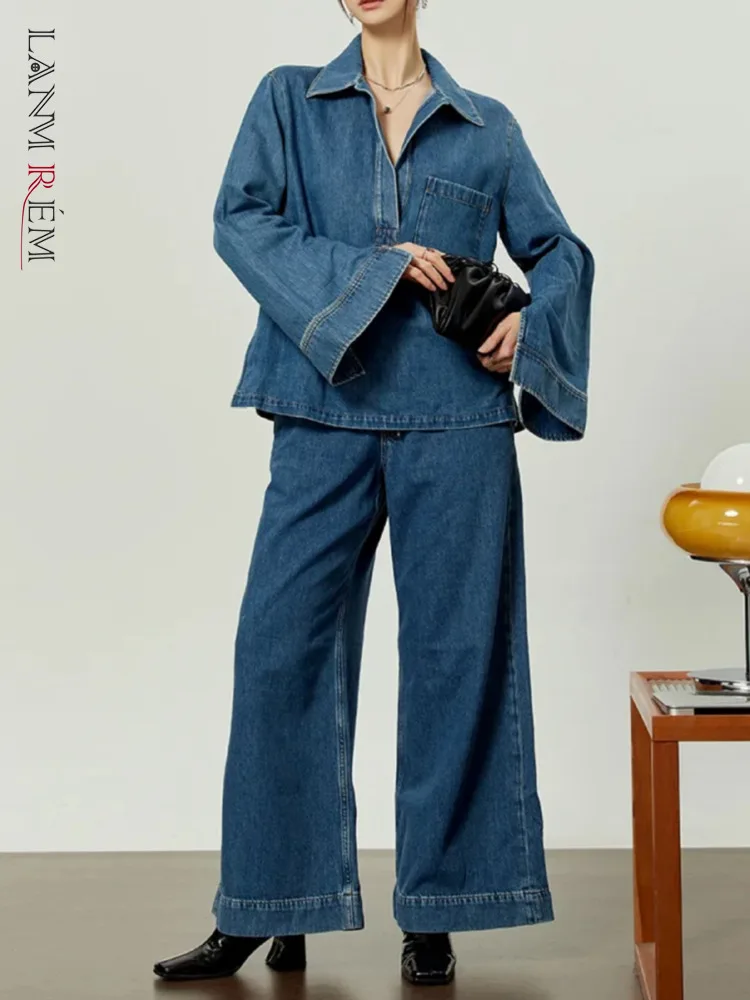 

[LANMREM] Office Lady Washed 2 Piece Set For Women V Neck Pullover Shirts Drawstring High Waist Loose Jeans 2024 New Autumn