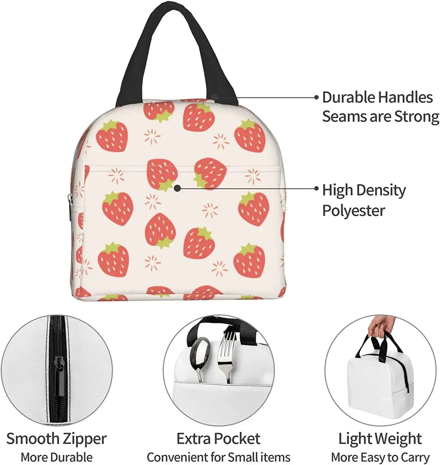 Cute Pink Strawberries Lunch Bag Reusable Lunch Box Work Bento Cooler Reusable Tote Picnic Boxes Insulated Container Bags