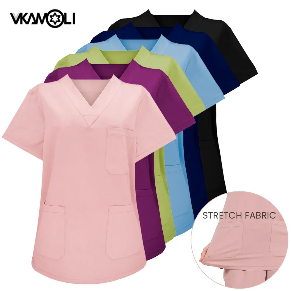 Nieuwe Scrubs Tops Medische Uniformen Vrouwen En Mannen V-Hals Stretch Stof Medische Scrub Shirt Tandarts Arts Blouse XS-XXL