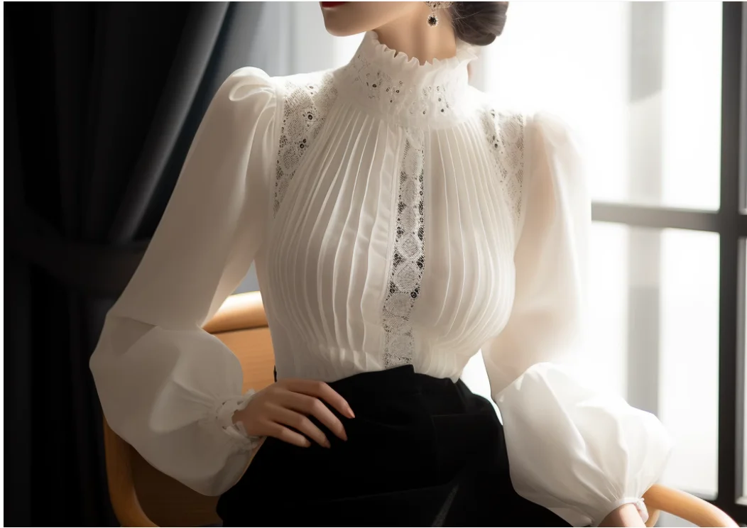 

High end and luxurious white hollow bubble sleeve high necked women's shirt