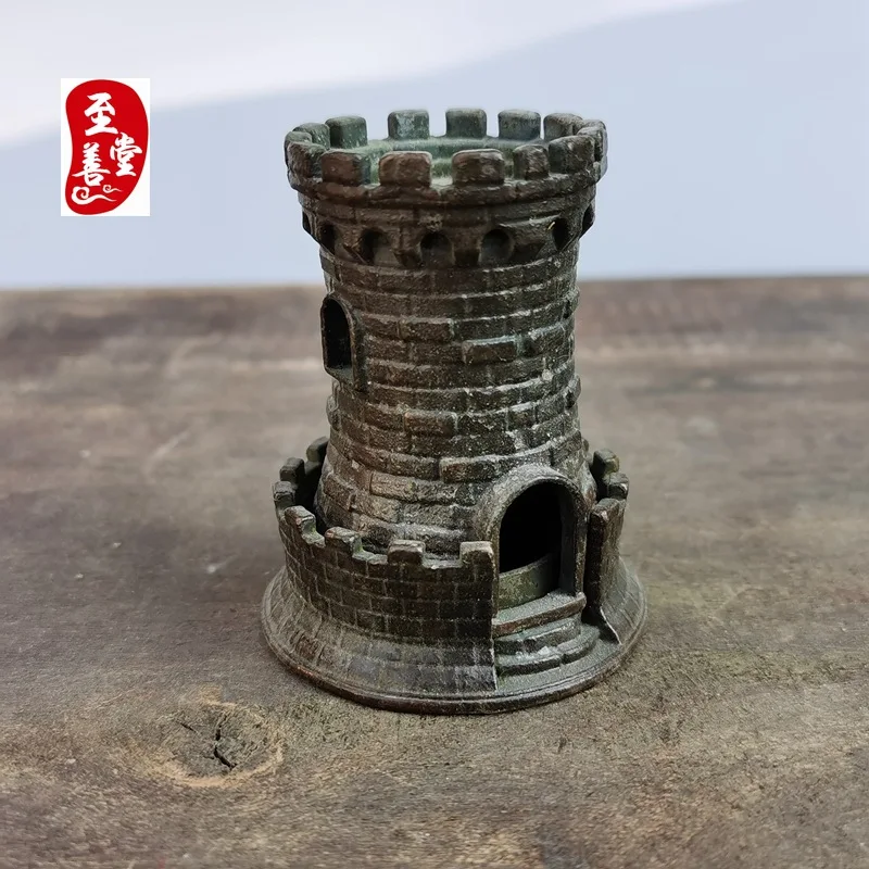 Antique Collection Old Patina Alloy Copper Living Room Decorative Ornament Castle Small Incense Burner 5x5x6.5CM