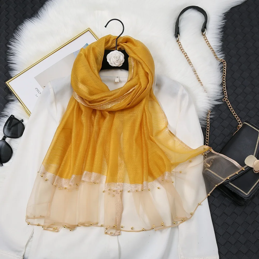 

Elegant Bead Luxury Silk Scarf Thin Long Women Hijab Shawls UV Protection Large Organza Scarf Girl