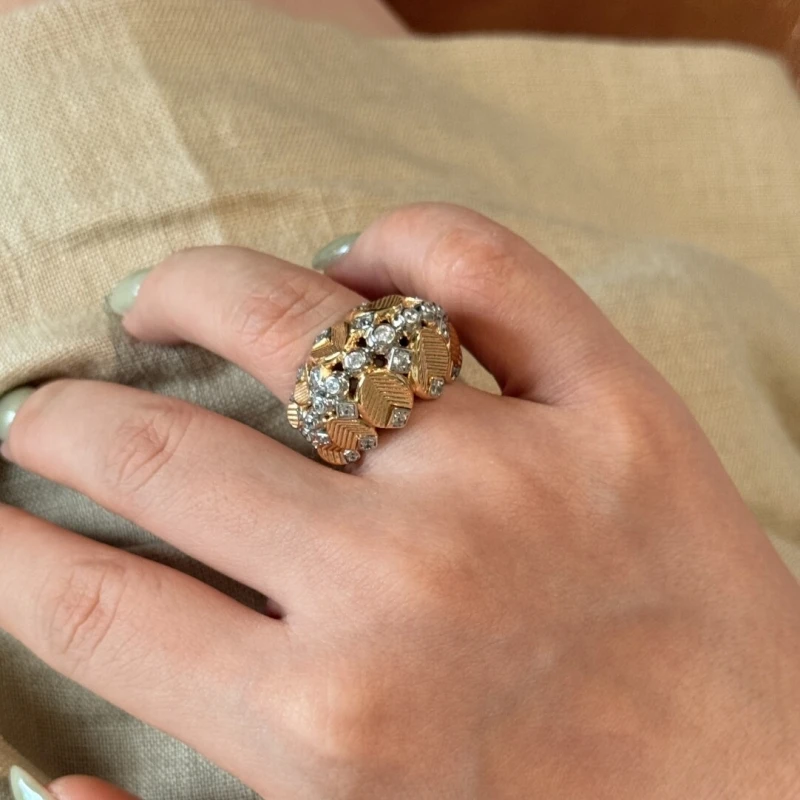 Cameo vintage coffee beads leaf shaped gold color rings noblewoman banquet 925 silver gold-plated high carbon diamond ring