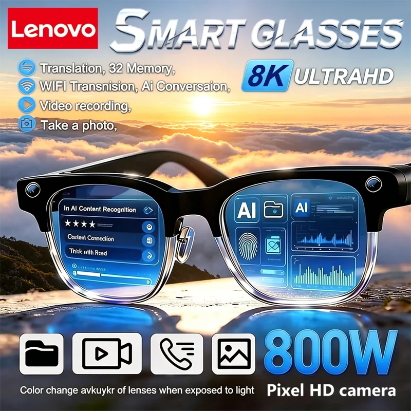 

Lenovo Smart AI Glasses 8MP HD 4K Shooting Camera Photo Video Voice Call Translation Waterproof Bluetooth AI Motorcycle Glasses