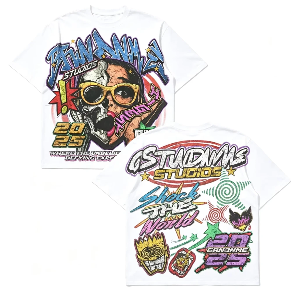 2026Vintage Graffiti Skull Graphic Oversized T-Shirt for Kids Adults Retro Punk Street Art Print Loose Casual Crew Neck