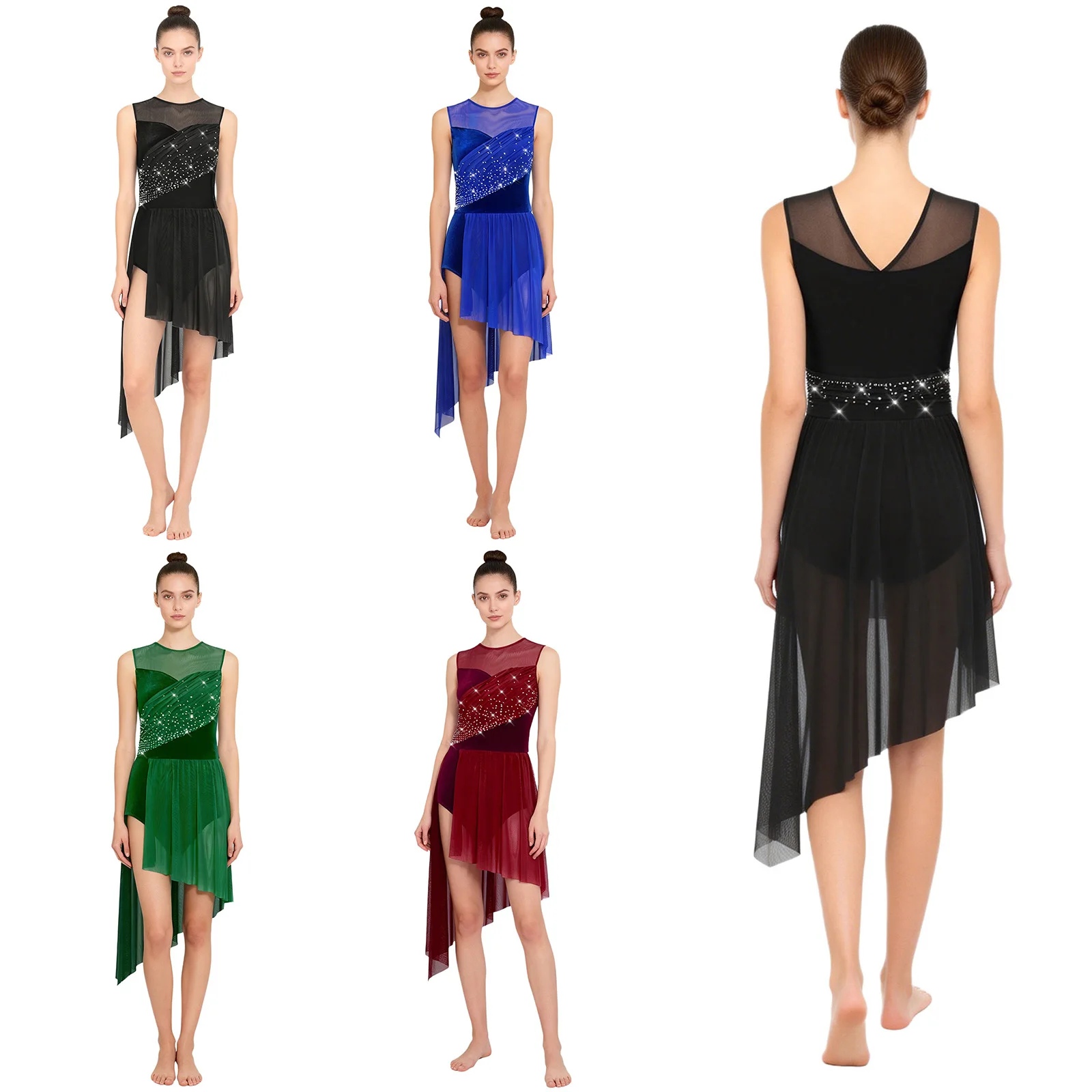 

Women Sleeveless Shiny Rhinestones Mesh Modern Lyrical Dance Dress Figure Skating Gymnastics Ballet Acrobatics Bodysuit Dresses