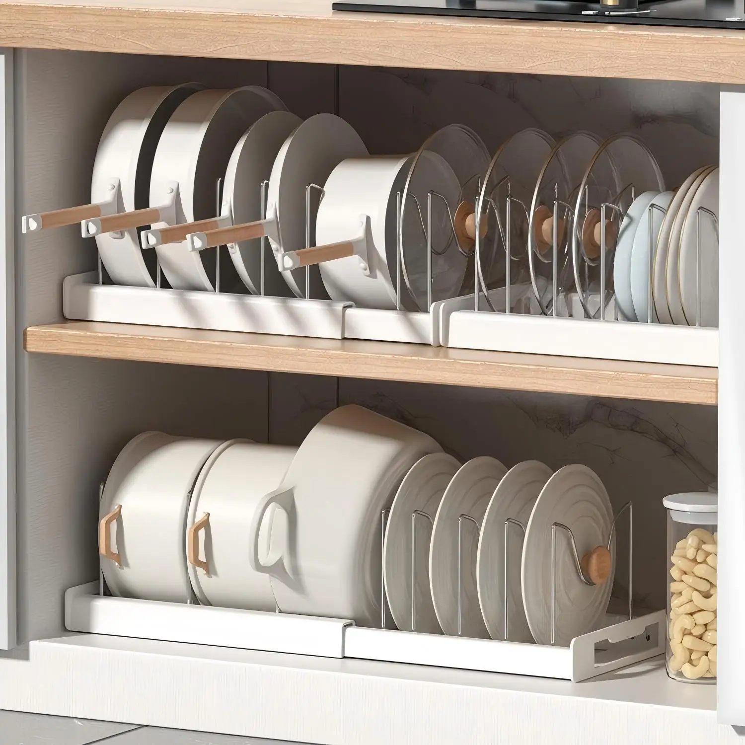 Adjustable Pot Lid Organizer Rack 7 Compartments Kitchen Cabinet Countertop Pan Cover Holder Space Saving Bakeware Storage Cookware Stand Cutting Board Plate Dish Drainer Shelf White