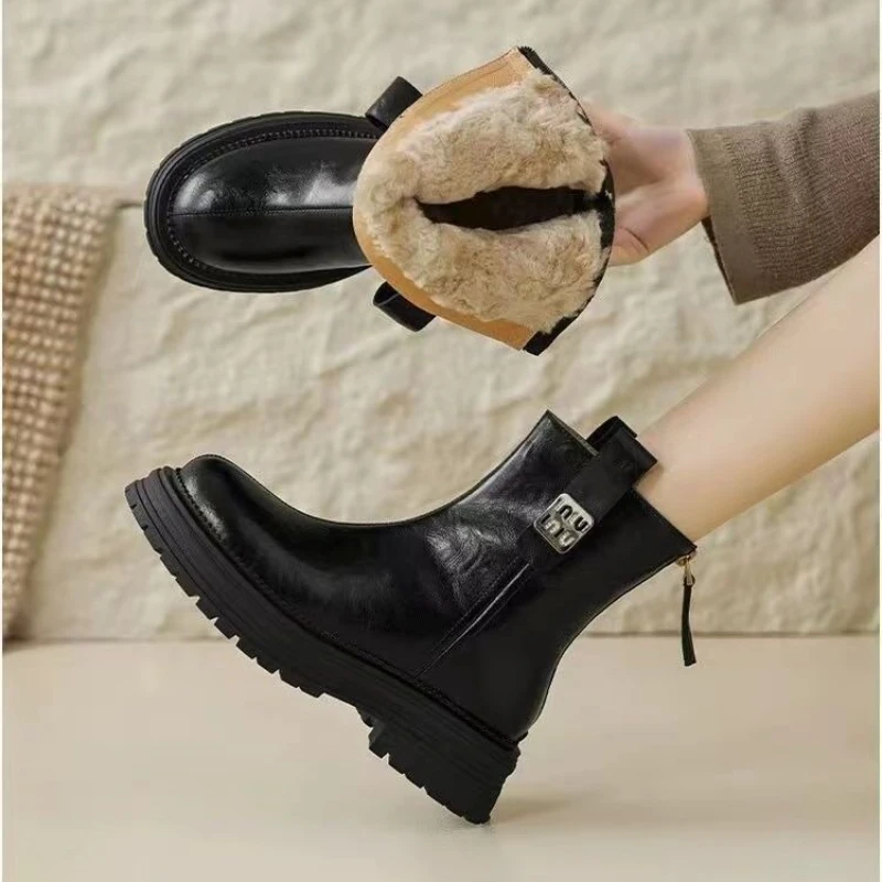 

Original Designer Brand Wool Snow Boots for Women's Winter Fur Warm Ankle Boots with Thick Soles and Non-slip Chunky Heels