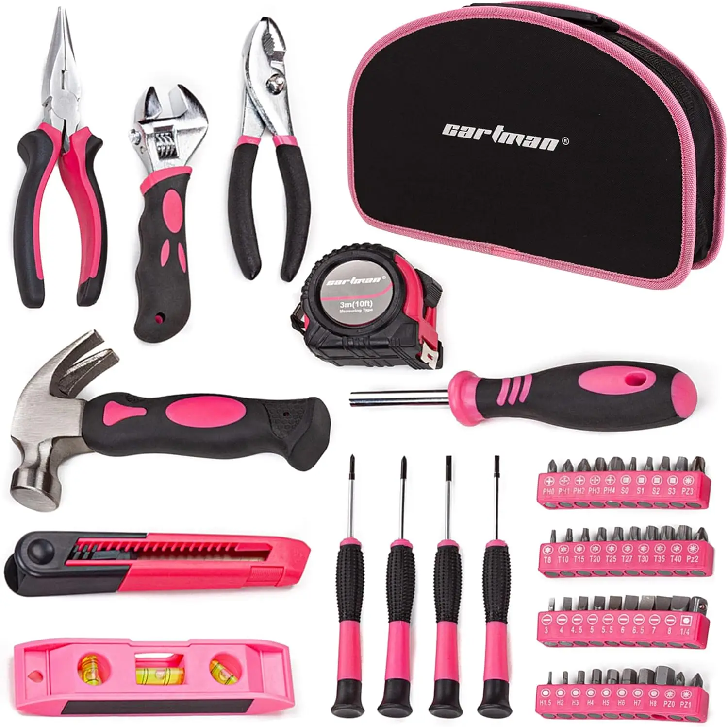 

52-Piece Tool Set Hand Tool Set with Easy Carrying Round Pouch - Perfect for DIY Pink