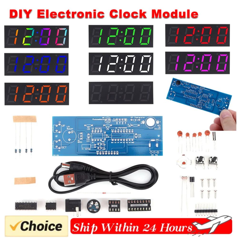 Colorful Digital Clock Electronic Kit Time Week Temp Date Display Electronical Clock Making Experiment Kit for Soldering Project