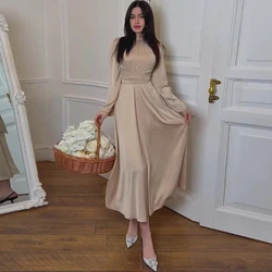 Women Vintage Turtleneck Solid Color Belt Tunic Waist Full Sleeve Long Stain Party Sweet Dress