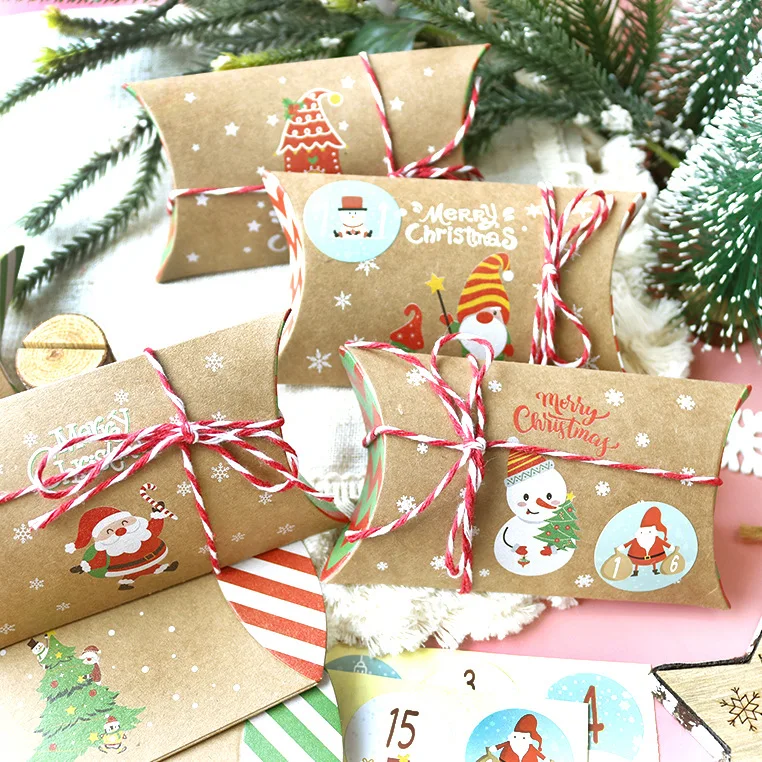 24 Pieces Batch Christmas Candy Box Pillow Shape Kraft Paper Holiday Gift Box Christmas Diy Decoration