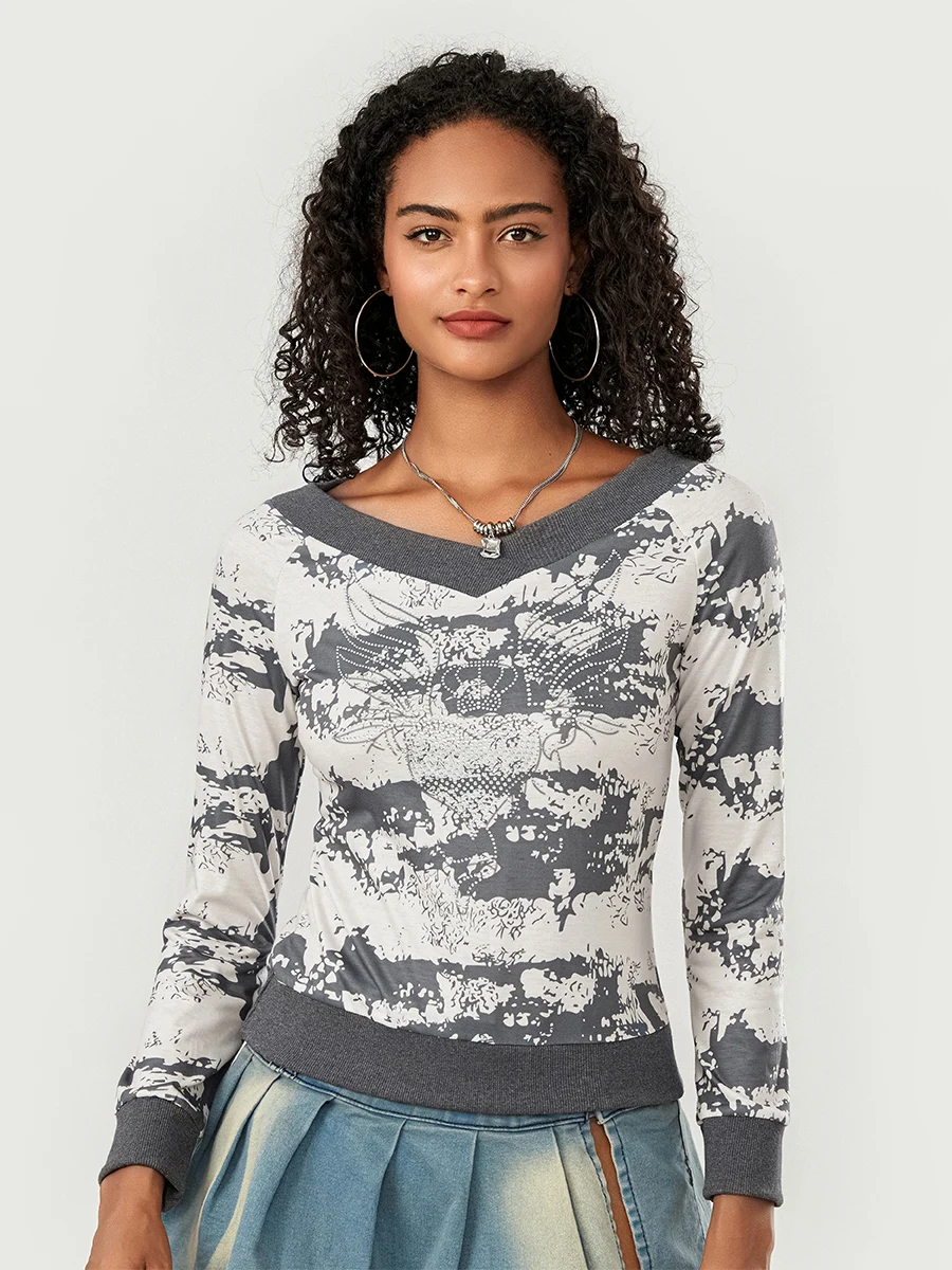 

Women s Rhinestone Tops Long Sleeve V Neck Tie-dye Print Fall T-Shirt Fit Tops Streetwear