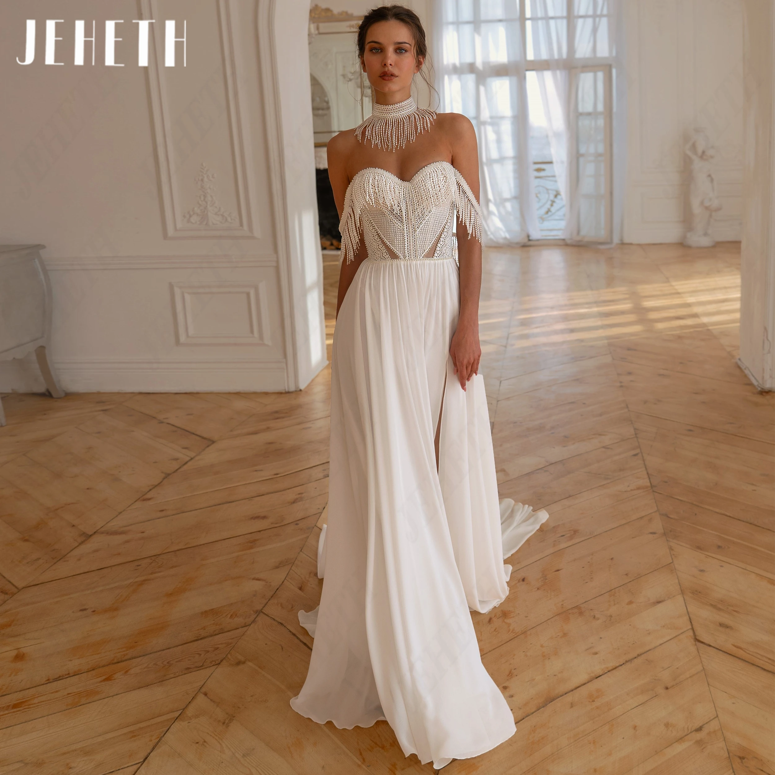 JEHETH 2026 Tassel Lace Wedding Dress Off Shoulder Ruffles Bridal Dresses Custom Made Romantic Chiffon robe de soirée mariage