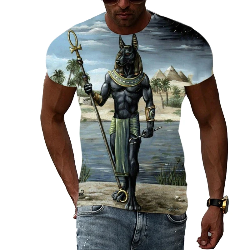 New Anubis Printed T-shirt Men Personality Printed T-shirt Egypt Pharaoh Pattern Men's Fashion Hip Hop Clothing Short Sleeve Top