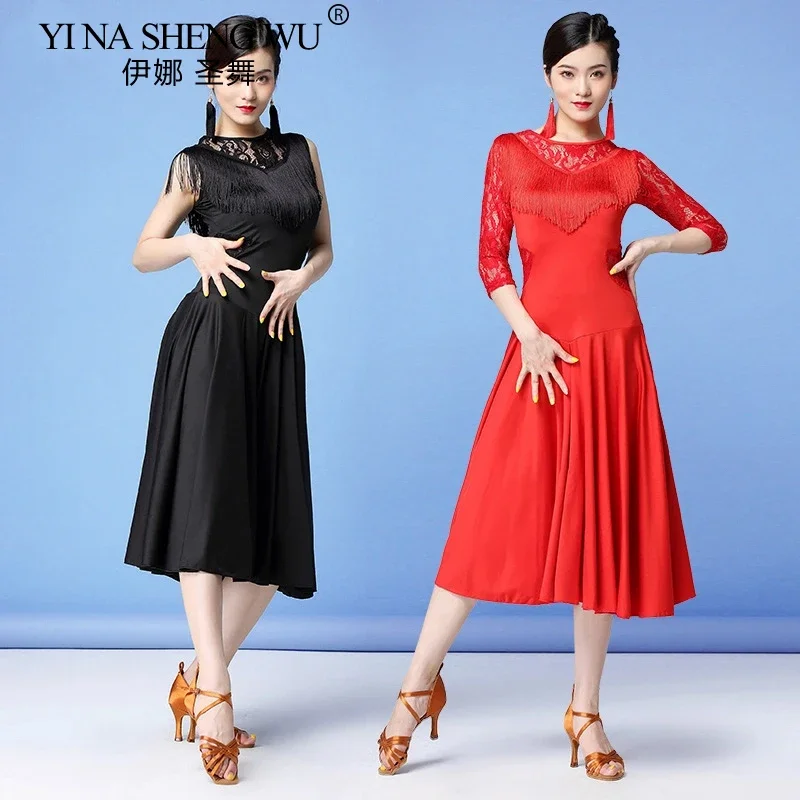 

Женское платье для латинских танцев, бальный костюм для вальса для взрослых, кружевное платье с бахромой для соревнований, сценическая танцевальная одежда