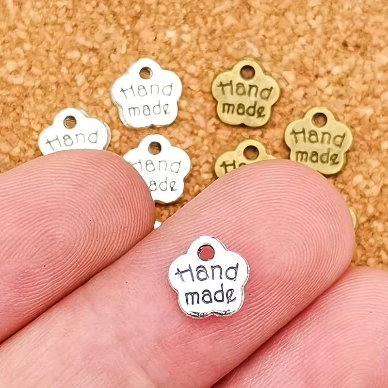 50pcs 'Handmade' Small Flower-Shaped charming Pendants, 8mm, Bohemian-Style Fashionable DIY Accessory