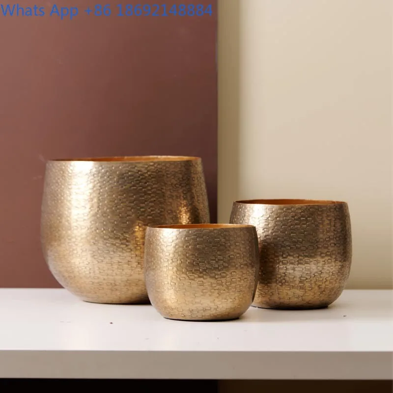 Vintage Aluminum Hammered gold Flower Pot Ornament Model Room Hotel Living Room Vase Flower Container