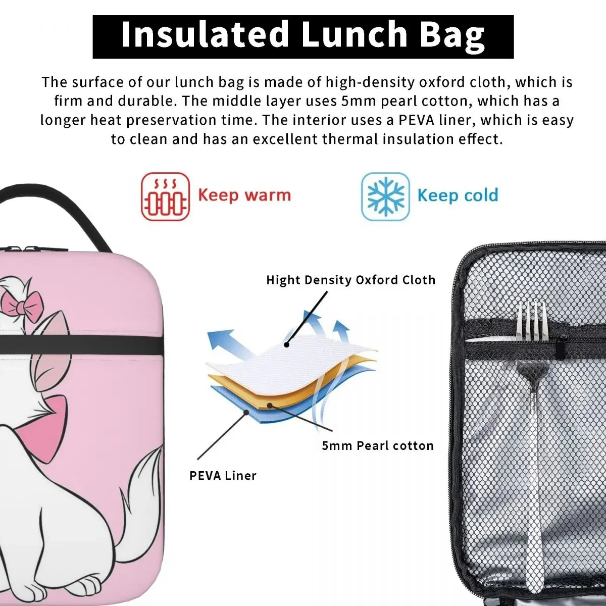 Marie Cat Cute From Aristocats Insulated Lunch Bag Thermal Bag Meal Container High Capacity Tote Lunch Box Food Handbags Outdoor